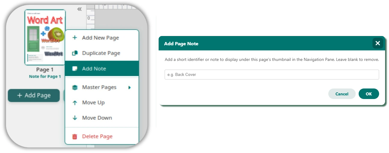 Page Note right click menu alongside Add Page Note dialog