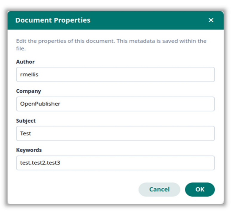 Screenshot of the Document Properties menu