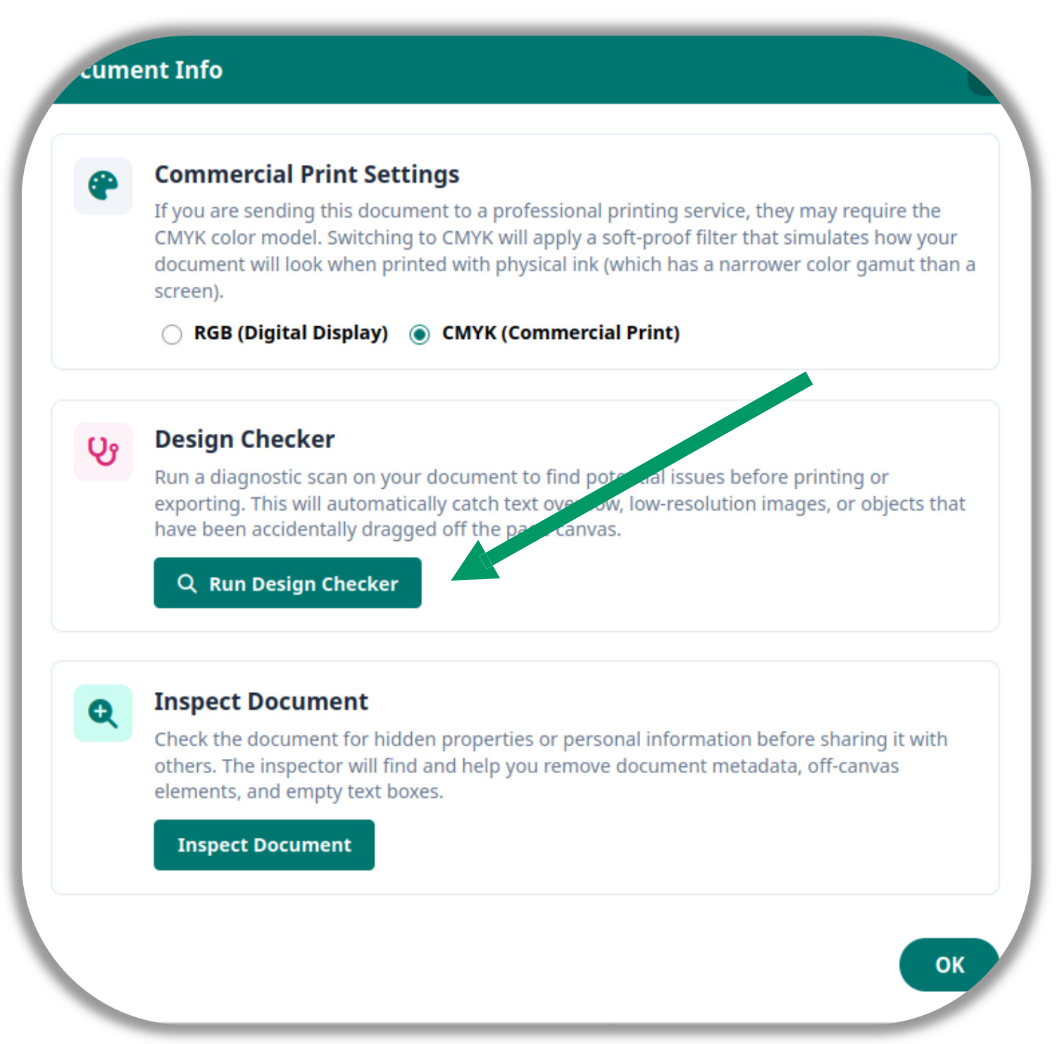 Document Info GUI containing the design Checker